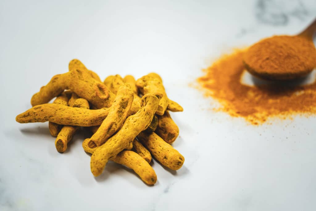 turmeric powder and root containing curcumin